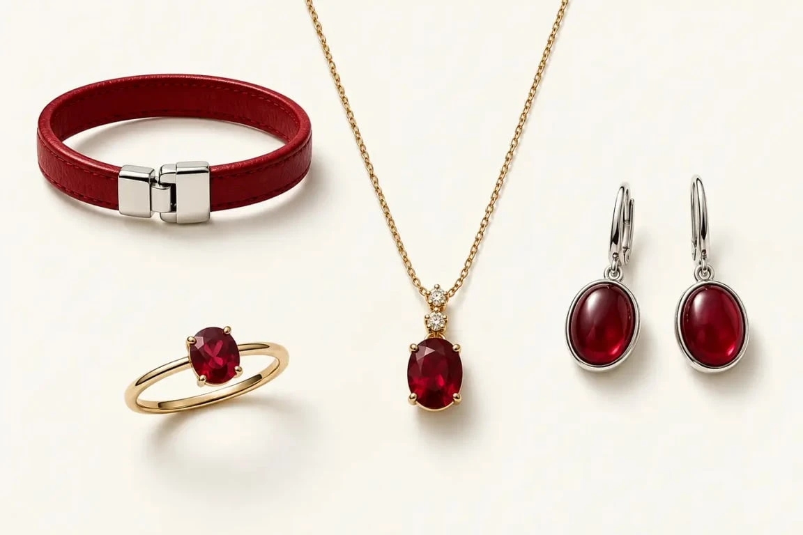 Sélection de bijoux rouge avec bracelet, collier, bague et boucles d’oreilles