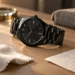 Montre ceramique noire sur bureau, reflets contrôlés
