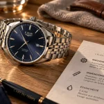 Montres lige homme : mouvement, taille, étanchéité, montre sur bureau bois