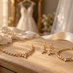 Parure en or pour mariage : collier, boucles d’oreilles et bracelet sur dentelle ivoire