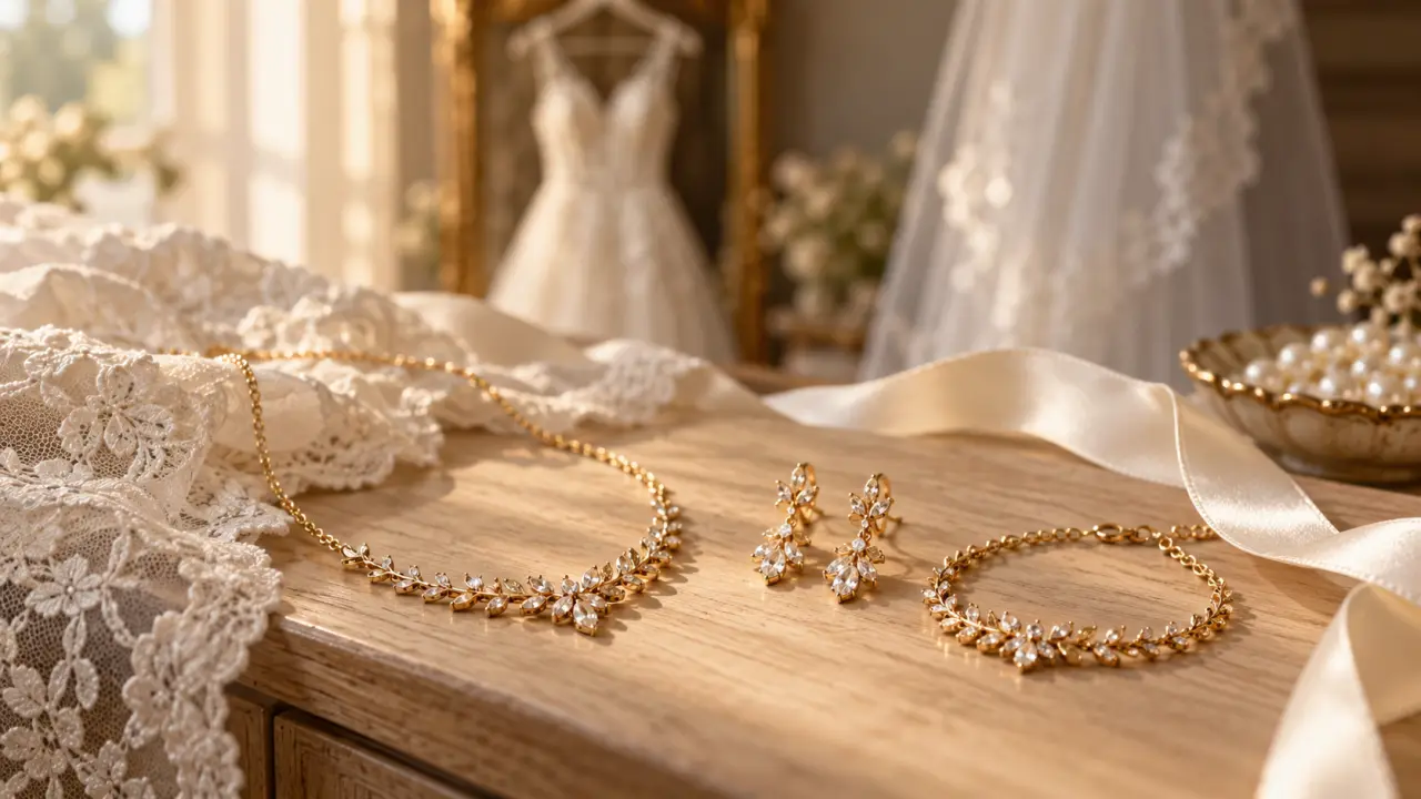 Parure en or pour mariage : collier, boucles d’oreilles et bracelet sur dentelle ivoire