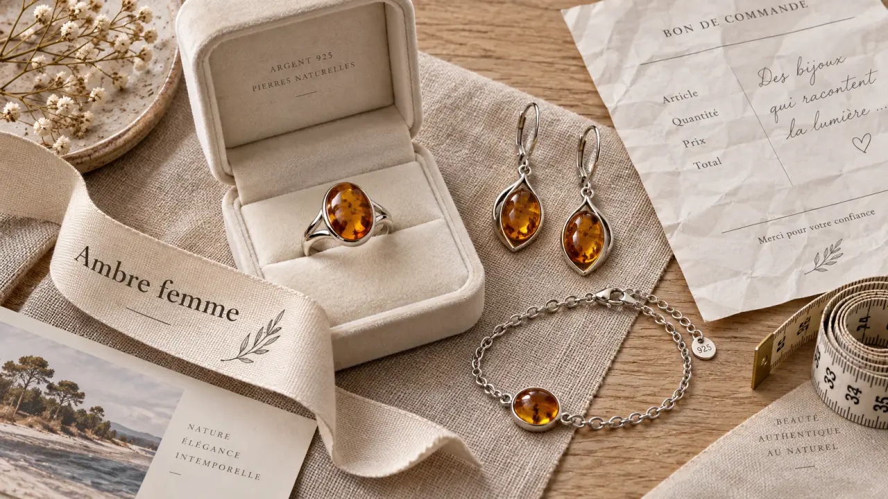 Bijoux ambre femme : bague ambre miel et écrin velours