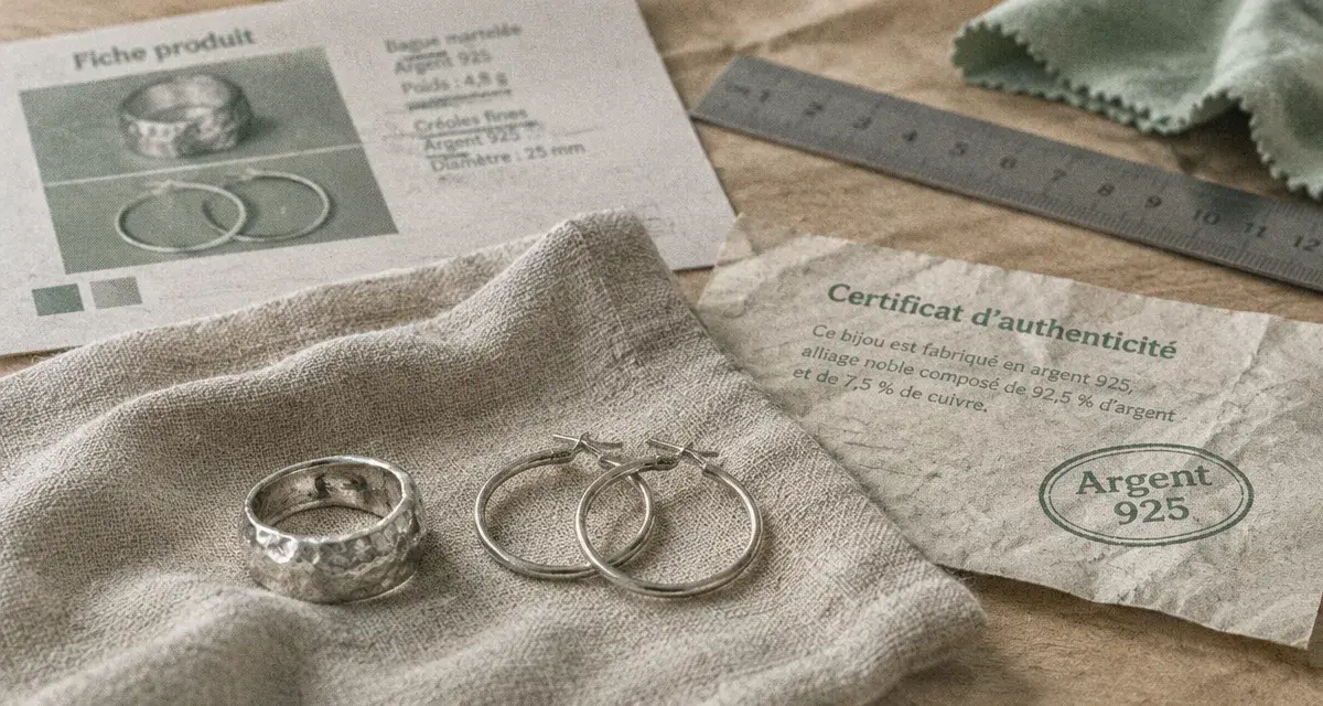 Bijoux artisanaux argent : Argent 925, bague martelée et créoles fines