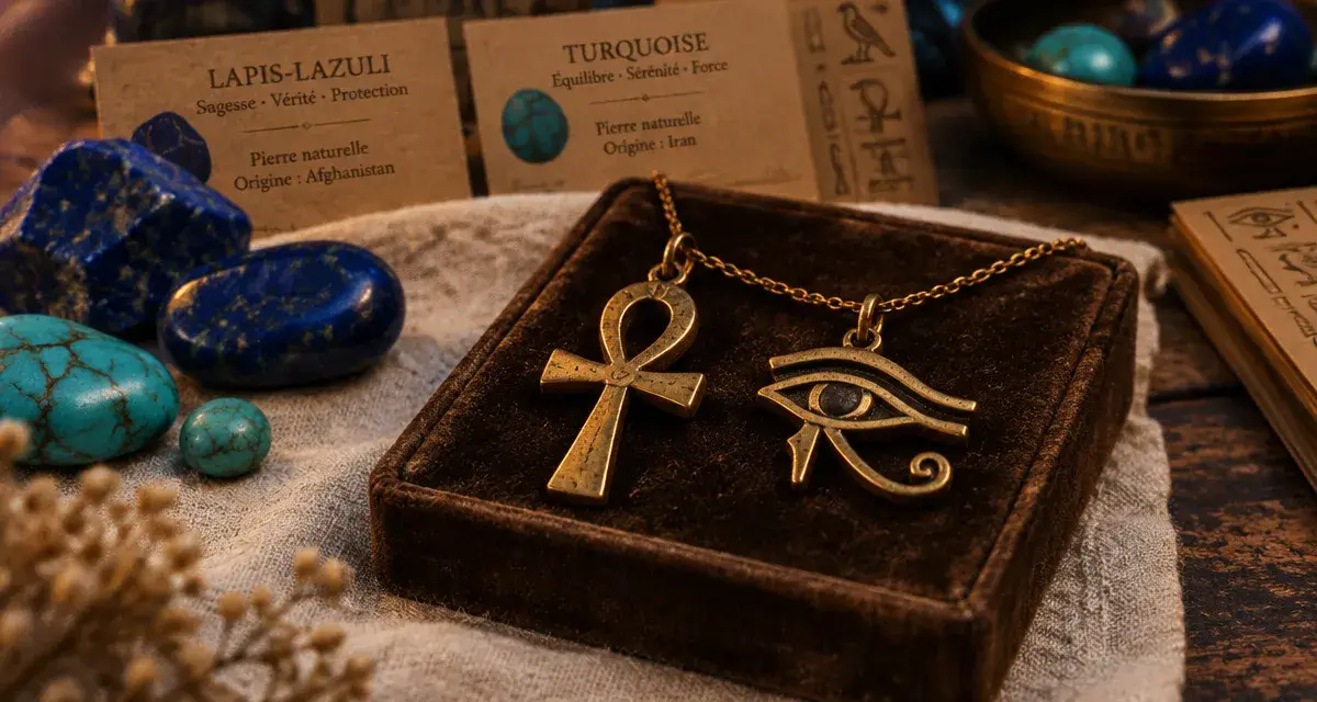 Bijoux egyptien : pendentif ankh et œil d’Horus dorés sur écrin de velours