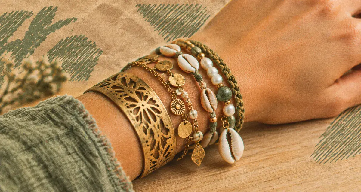 Bracelets boheme en superposition, photo macro au poignet