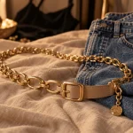 Ceinture bijoux femme en chaîne dorée sur jean taille haute et robe noire floue
