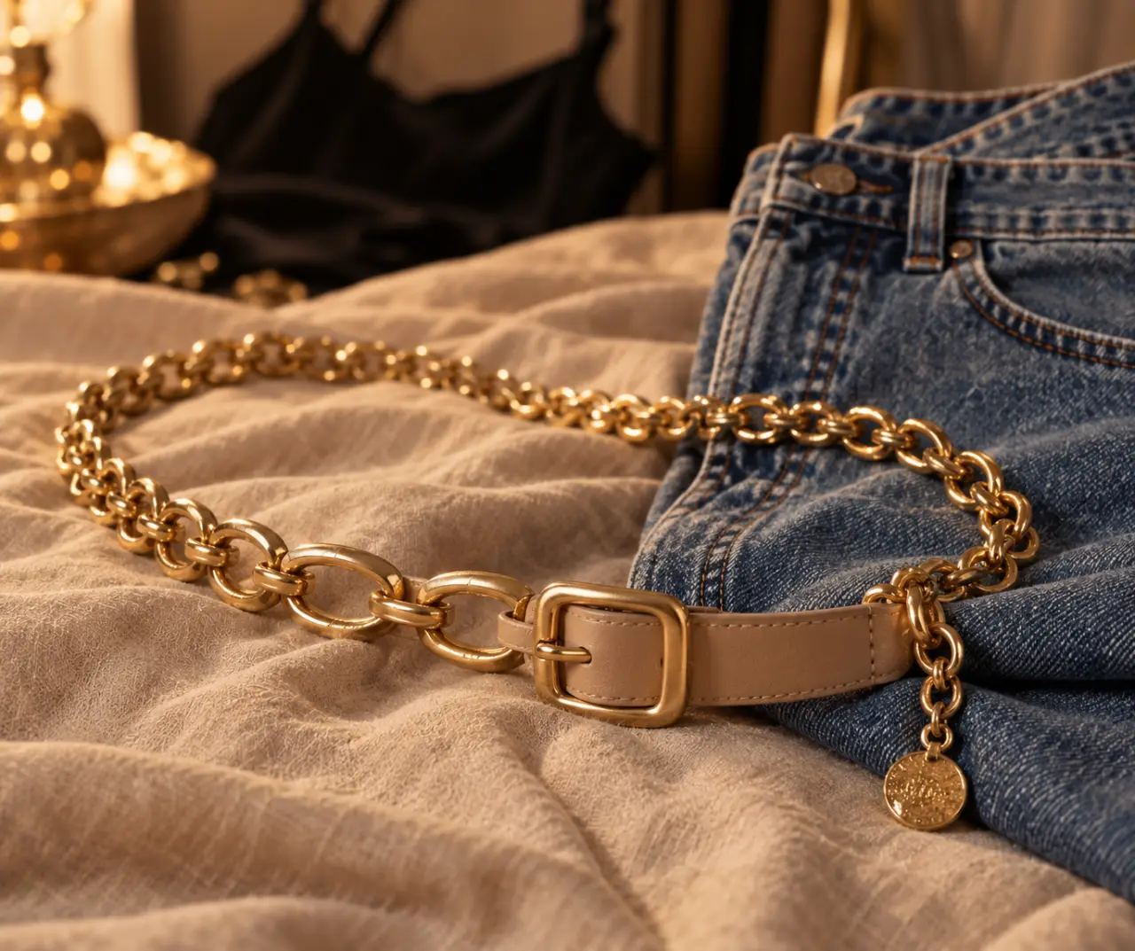 Ceinture bijoux femme en chaîne dorée sur jean taille haute et robe noire floue