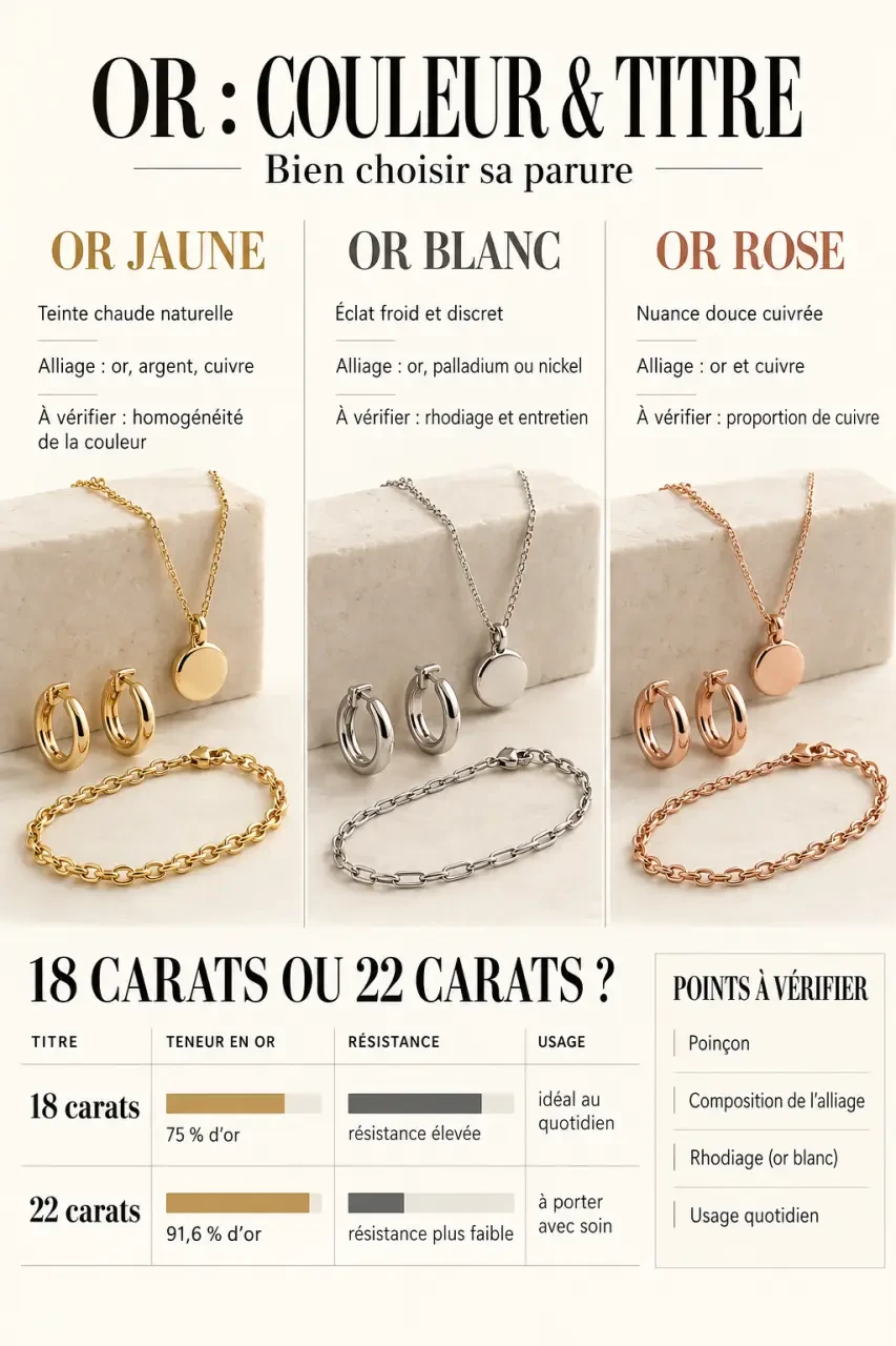 Infographie comparative sur les couleurs et les carats d’une parure en or