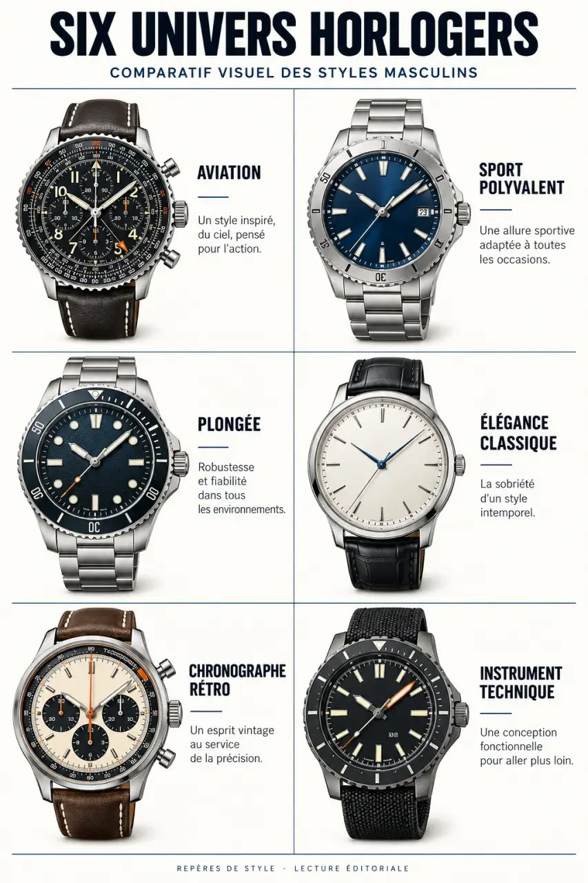Infographie des principaux styles de montres Breitling homme : aviation, sport, plongée, élégance et instrument technique