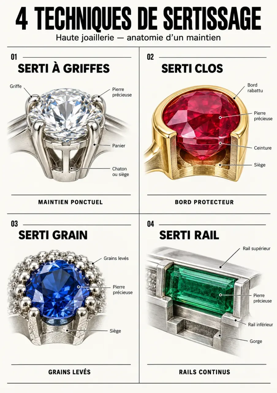 Visualisation des quatre principaux sertis en haute joaillerie : griffes, clos, grain et rail