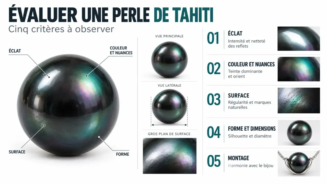 Perles de Tahiti : critères visibles pour comparer l’éclat, la couleur, la surface, la forme et le montage