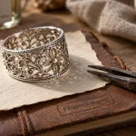 Bague en filigrane bijoux, gros plan sur motifs argent