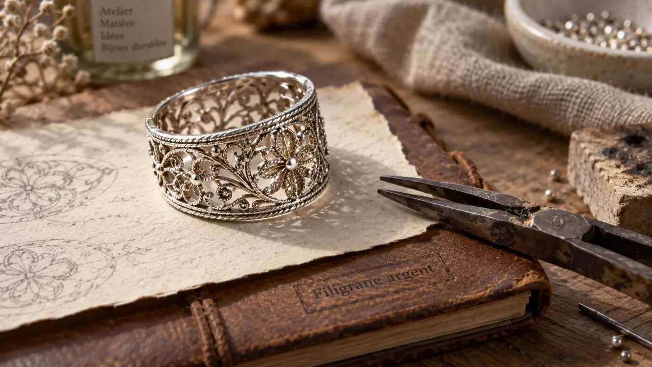 Bague en filigrane bijoux, gros plan sur motifs argent