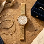 Montre bijoux femme originale dorée sur table bois, vue à plat, style affirmé et confort