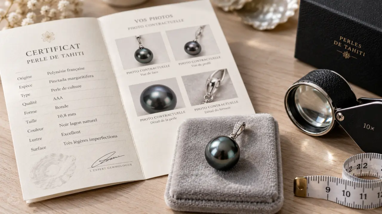 Perles de Tahiti noires sur velours, certificat et photos contractuelles