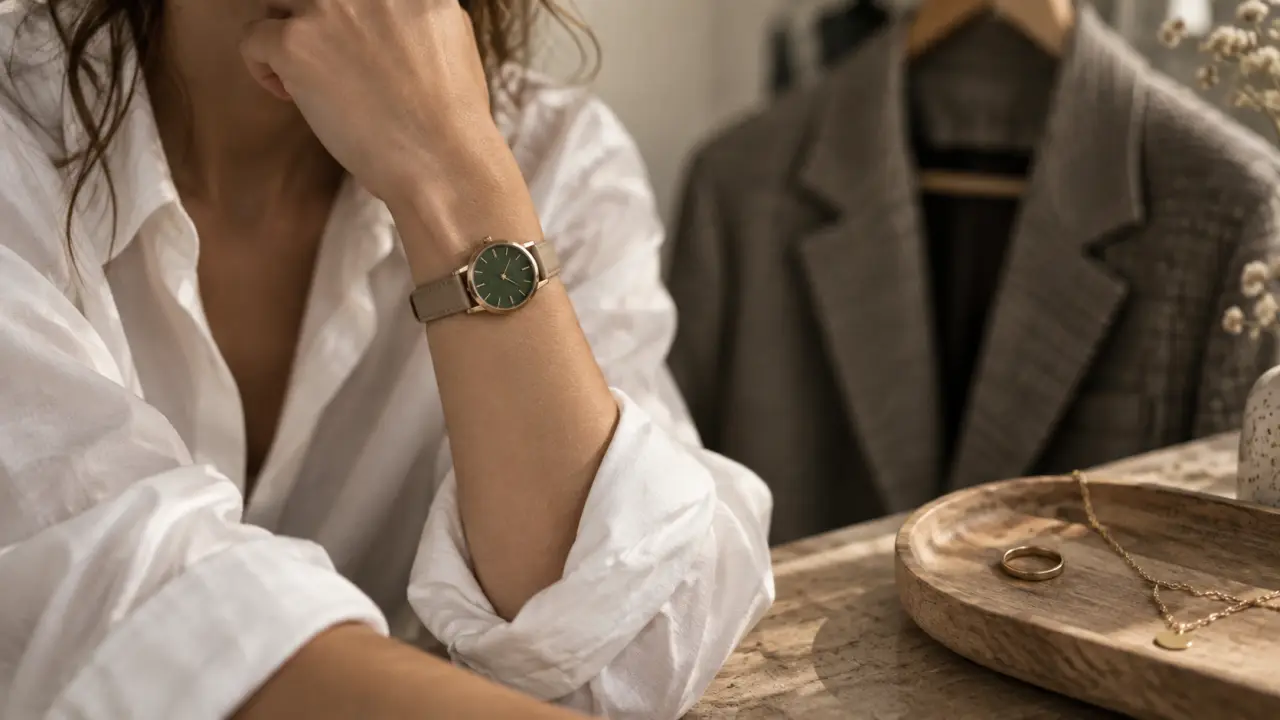 Tendance montre femme 2026 mini-boîtier tons naturels, vert profond et or mat
